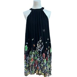 Black Pleated Halter Chiffon Floral Midi Dress Border Print Flowy XL